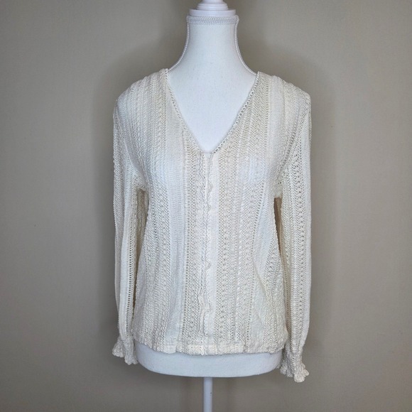 Easy Clothes Tops - Easy Clothes Ivory Cotton Crochet V-Neck Top Boho Open Knit Blouse Size M